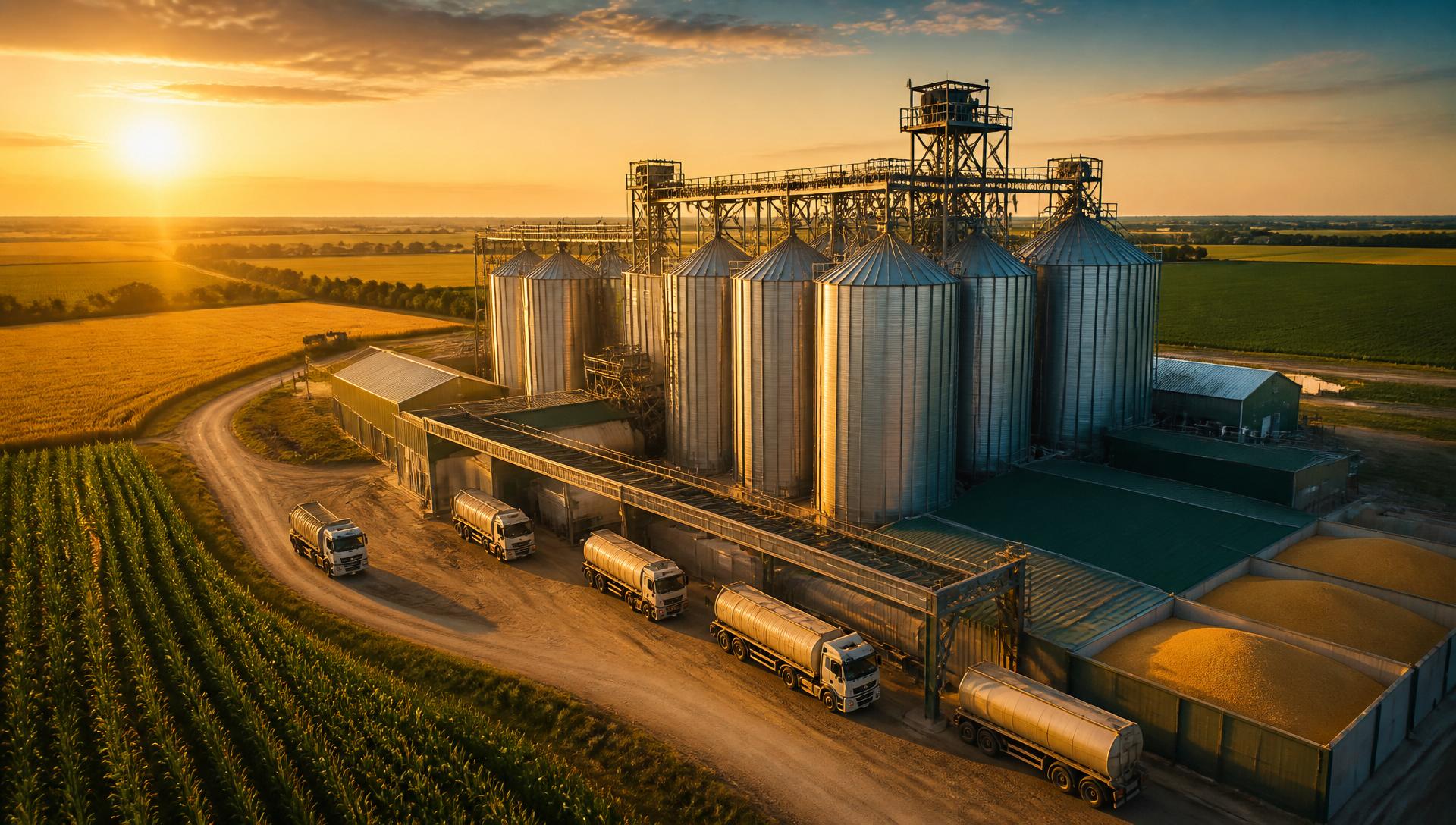 Global animal feed procurement — silos and bulk vessel export terminal at golden hour