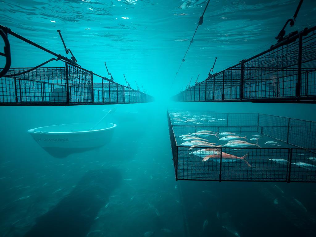 Offshore aquaculture sea cages served by FishMatch Group Offshore aquaculture sea cages and shrimp ponds with aeration systems — FishMatch Group fish and shrimp farming equipment procurement