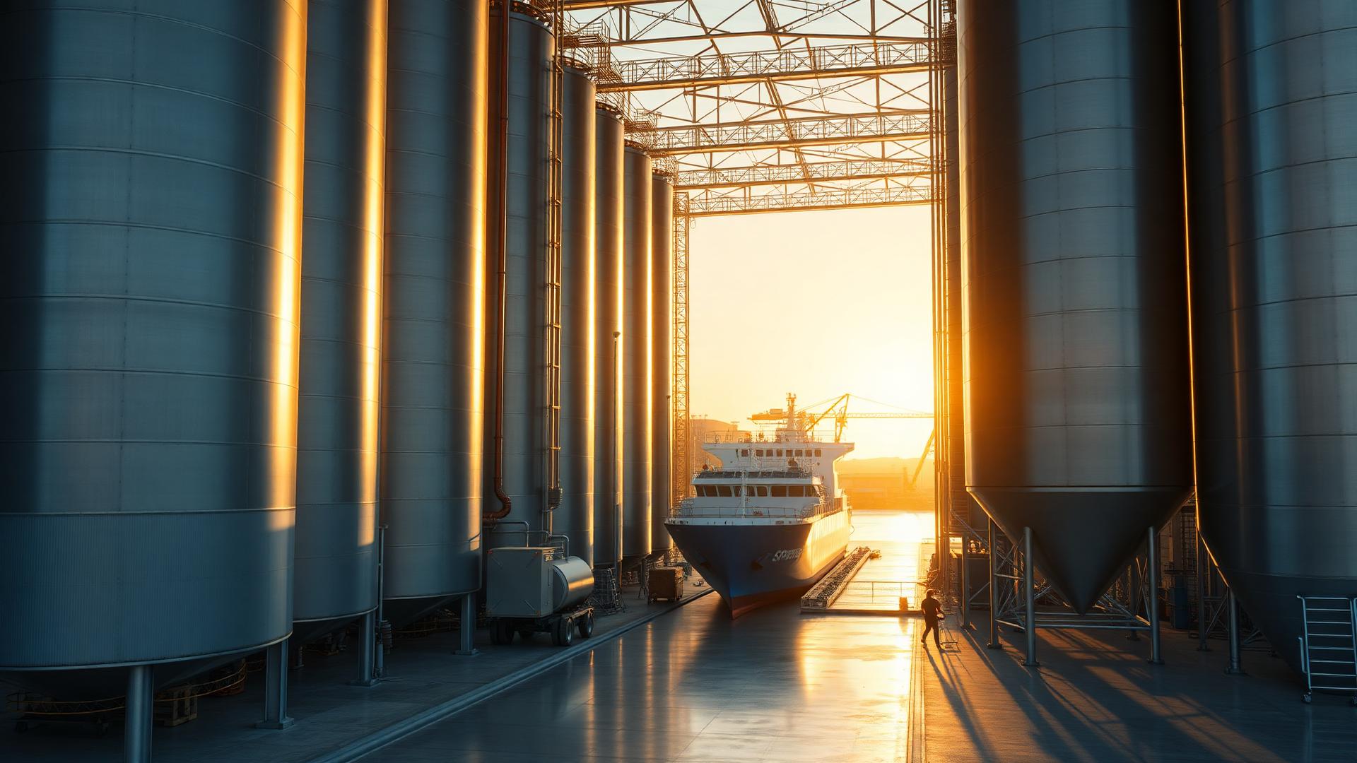 Global animal feed procurement — silos and bulk vessel export terminal at golden hour