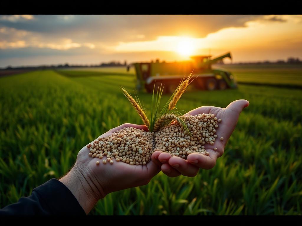 Certified seed and grain sourcing by SeedMatch Group Certified hybrid maize and soybean seed held over a grain field at harvest — SeedMatch Group seeds, grain and crop input procurement