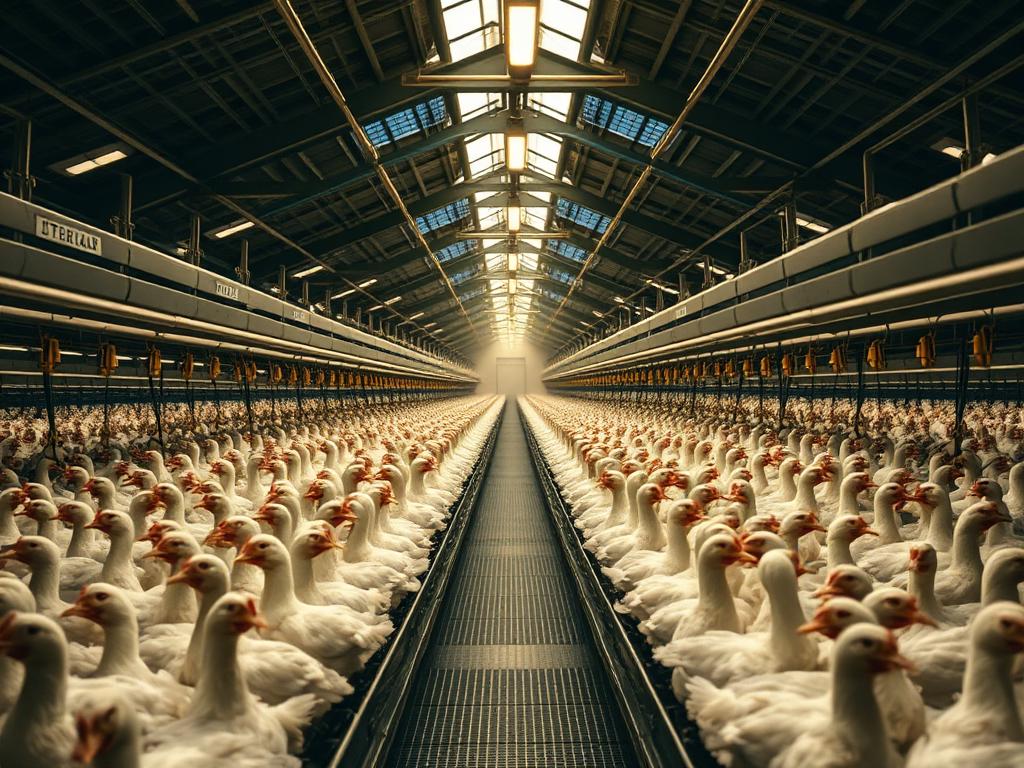Automated commercial poultry house served by HatchMatch Group Commercial poultry house with broiler chickens, ducks and turkeys on automated feeding lines — HatchMatch Group poultry and hatchery equipment procurement