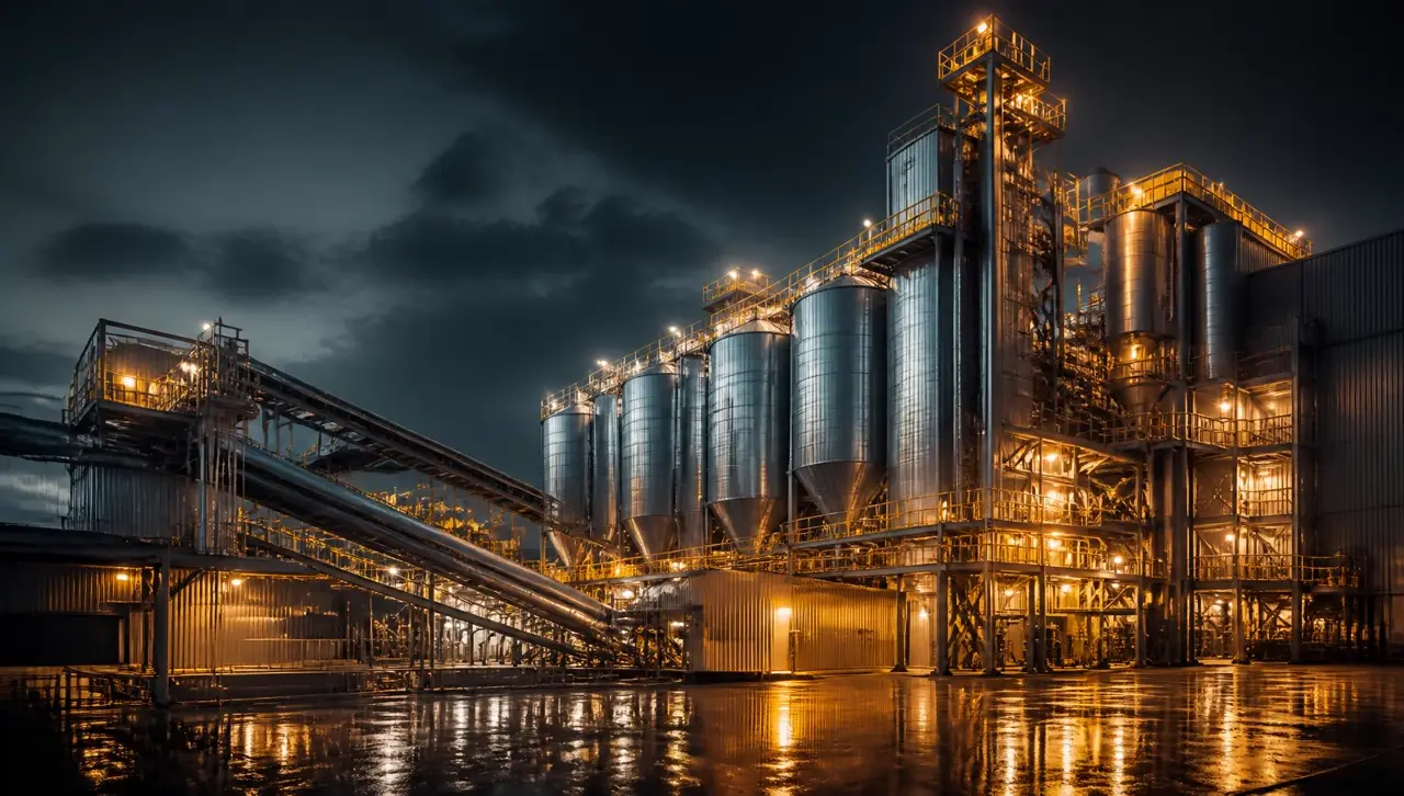 FeedMatch Group global animal feed procurement platform — cinematic view of a modern commercial feed mill at golden hour with pellet stream pouring from a chute, polished grain silos and conveyor towers behind, evoking GMP+ and FAMI-QS certified ingredient logistics.